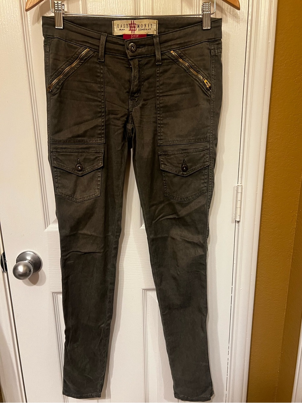 Easy Money Jean Company Coin Cargo Olive Green Zip Pocket Skinny Pants, Size 27